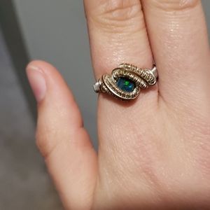 Blue opal silver and gold wire wrapped ring